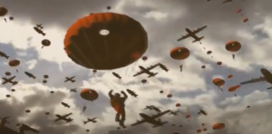 War--soldiers dropping from planes with parachutes